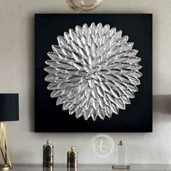 Black and Silver Abstract Wall Art Original Painting Textured artwork with Round Silver texture Modern wall Art