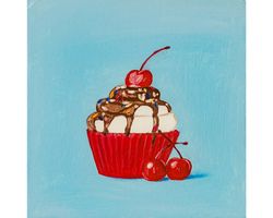Cherry Cupcake original oil painting Fruit Pastry dessert painting kitchen square miniature patisserie wall art