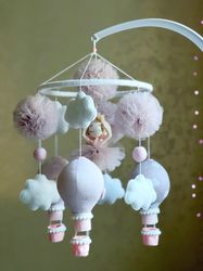Baby girl mobile ballerina Hot air balloon mobile crib Musical mobile pink