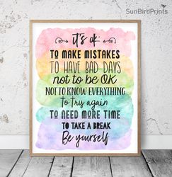 It's OK To Make Mistakes, Rainbow Printable Art, Classroom Rules Poster, School Counselor Office, Motivational Quotes
