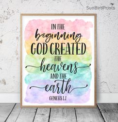In The Beginning God Created The Heavens And The Earth, Genesis 1:1, Nursery Bible Verses, Printable Wall Art, Scripture
