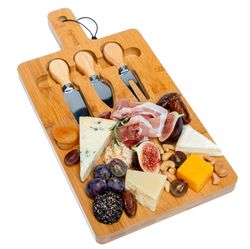 BlauKe Bamboo Cheese Board and Knife Set - 12x8 inch Charcuterie Board with Magnetic Cutlery Storage