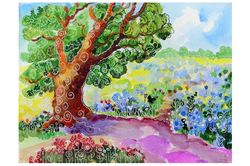 Oak Tree Painting Bluebonnets Original Art Bluebonnets Landscape Original Painting Hill Country Spring Watercolor