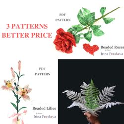 Beaded Rose,  fern and and lilies | French Beaded Flowers pattern | Seed bead patterns | Beading tutorial