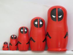 Deadpool matryoshka nesting dolls custom work - Red wooden Russian dolls hand painted