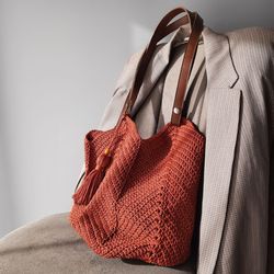 terracotta crochet bag tote bag handmade bag minimalist crochet bag hand crochet bag gift for her shoulder bag