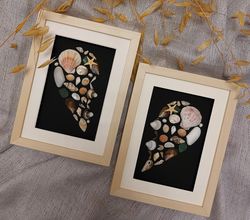 Two halves of a Heart made of Shells and Sea glass. Valentines for him and for her. Seashell Art. Sea Glass Art.