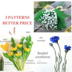 Beaded lilies of the valley, lilies of  and dandelion  | Beaded Flowers pattern  | Seed bead patterns | Beadwork pattern