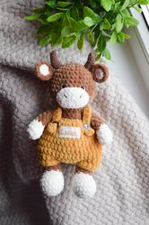 Custom crochet little bull personalized plush toy, brown bull in overalls for kids