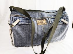 Large denim shopper Oversized upcycled gray denim sports bag Shoulder Tote Zipped sports bag with pockets Inactive