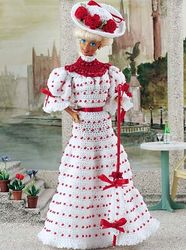 Vintage Crochet Pattern PDF, Barbie Doll Victorian Red White Dress Puff Sleeves Fashion Doll, Valentines Day Dress PDF