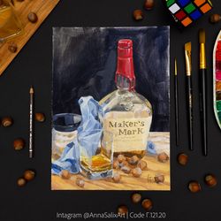 Original Makers Mark Bottle Still Life Gouache Painting, Bourbon Whiskey Bottle Kitchen Drink Wall Art, Colorful Glasses