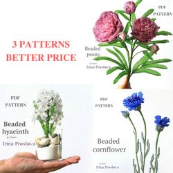 Beaded peony, hyacinth, cornflower | Beaded Flowers pattern  | Seed bead patterns | Beadwork pattern