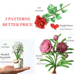 Beaded Peony, hyacinth, rose | Beaded Flowers pattern  | Seed bead patterns | Beadwork pattern