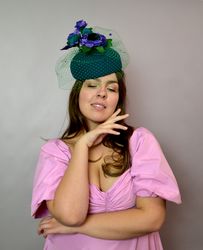 emerald hat fascinator, green wedding ,green purple fascinator