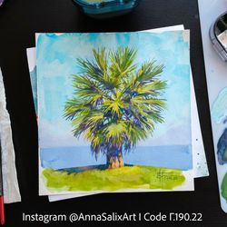 Original Tropical Palm Tree Gouache Painting, Colorful Small Landscape Watercolor Wall Art Botanical Nature Illustration
