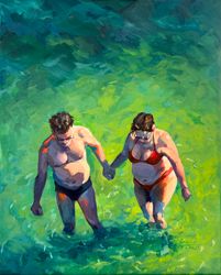 Original Couple Portrait Seascape Acrylic Canvas Painting, Sea Ocean Waves Wall Art, Portraiture Man Woman Figures Love