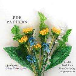 Beaded lilies of the valley, Dandelion, forget-me-nots pattern | Flower pattern | Seed bead patterns | Beadwork pattern