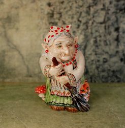 Baba Yaga Small handmade porcelain figurine Forest witch, cat, fly agaric Slavic style Ceramic art doll collectible gift