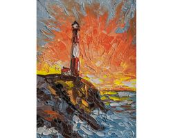 Lighthouse original oil painting Oregon Coast lighthouse wall art abstract seascape sunset artwork