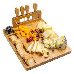 BlauKe Bamboo Cheese Board and Knife Set - 14x11 inch Charcuterie Board with 4 Cheese Knives