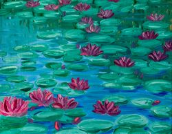 Water Lilies original oil painting impressionism flowers artwork impasto floral landscape water lily wall art