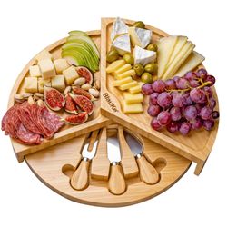 BlauKe Bamboo Cheese Board and Knife Set - 14 Inch Swiveling Charcuterie Board with Slide-Out Drawer