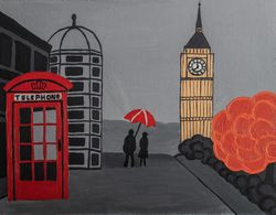 London street original acrylic painting abstract cityscape night city artwork Couple with umbrella wall art