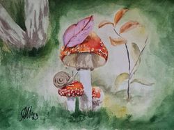 Original painting Family of Fly Agarics Watercolor Mushrooms and Snail