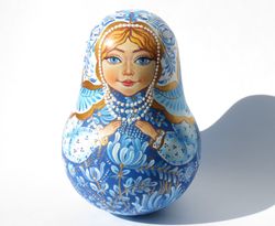 Gzhel painting music roly poly Russian nevalyashka wooden doll art painted
