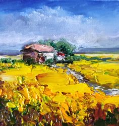 landscape sunny oil painting original art miniature artwork impasto