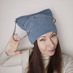 Gray cat ear beanie crochet Got hat with cat ears More colors! Fluffy hat with ears