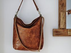 Tan leather hobo bag, large purse for women, tote bag with crossbody strap