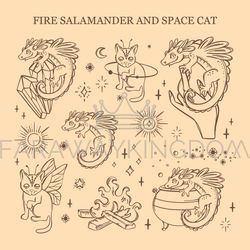 FIRE SALAMANDER AND SPACE CAT Occult Mystical Character Set