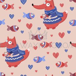 FISH FOX Valentine Day Seamless Pattern Vector Illustration