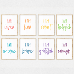 Set Of 8 Prints I Am Loved I Am Kind, Inspirational Quotes Printable, Motivational Wall Art, Rainbow Classroom Posters
