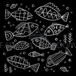 FISH SET Sea Monochrome Sketch Flat Style Vector Collection