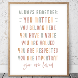 You Matter You Belong Here, Rainbow Printable Wall Art, Classroom Inspirational Quotes, School Counselor Office Decor