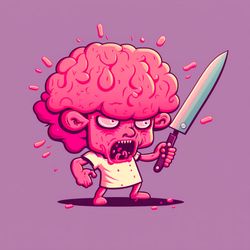 pink brain with encrusted kitchen knife, cartoon style