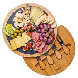 BlauKe Round Bamboo Cheese Board with Knife Set and Removable Slate - 12 inch Swiveling Charcuterie Board