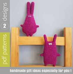 Pink rabbits sewing patterns PDF, set of 2 tutorials in English, soft toy sewing diy