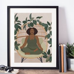 Curvylack woman meditating printable poster, melanin women art, gift for yoga lover, body positive art, sage green art.