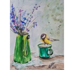 Chickadee and Lavender Original Painting Watercolor Winter Landscape Green Teapot  Cup Art