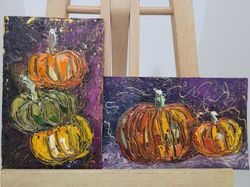 Two Small Oil Paintings of Pumpkins, 2 Piece of Art Tiny Painting Wall Art Artwork Kitchen Decor