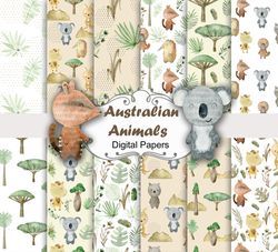 Watercolor australian animals, seamless patterns.