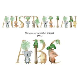 Watercolor alphabet, australian animals clipart, nursery letters.