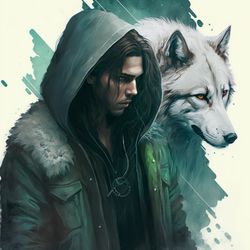 young male with long hair, leather jacket and hood, soft green aura, facing giant white wolf, digital art