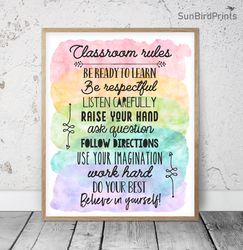 Classroom Rules Poster, Rainbow Printable Wall Art, Teacher Office Decor, School Counselor Quotes,  Bulletin Board Signs