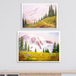 2 Mount Rainier Paintings, Diptych, Framed Mountain Paintings on Canvas Original Landscape Art by "Walperion Paintings"