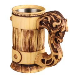 Viking Beer Mug Buffalo Custom Beer Mug with Rustic Wood Engraved Handle, Wooden Stein, Classic German and Ale Tankard,